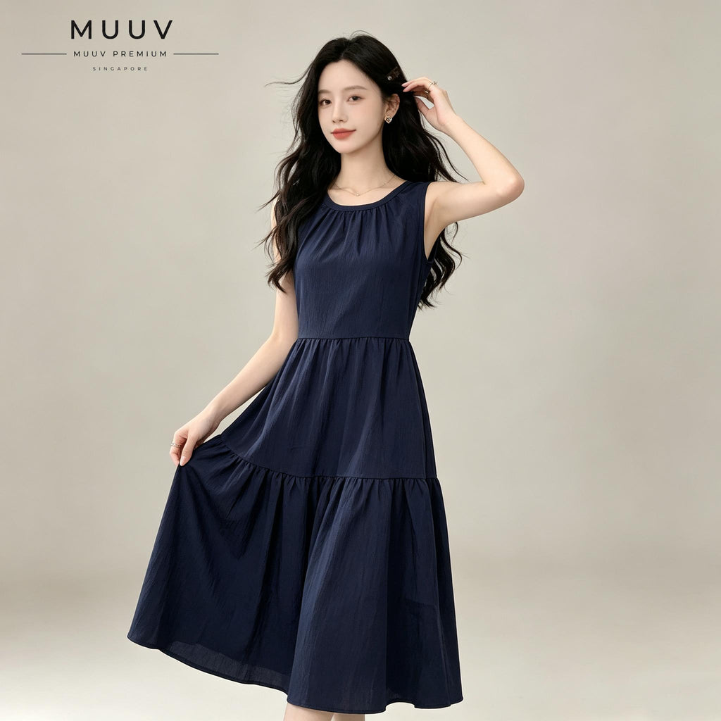Sleeveless A Line Gathered Round Neck Back Keyhole Midi Dress