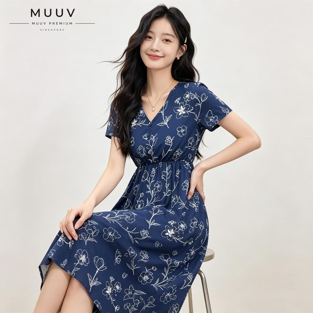 Navy Blue Short Sleeve V Neck Floral Midi Dress