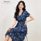 Navy Blue Short Sleeve V Neck Floral Midi Dress