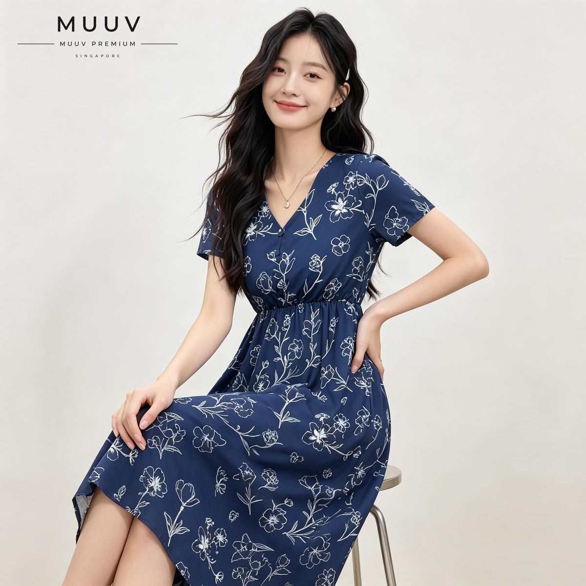 Navy Blue Short Sleeve V Neck Floral Midi Dress