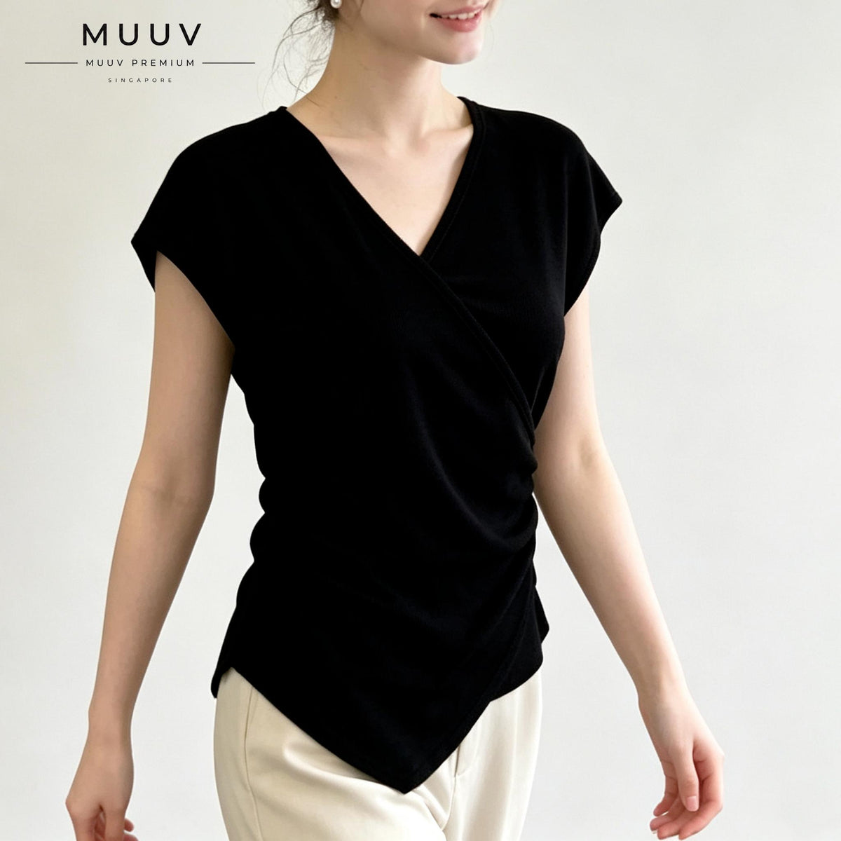 V Neck Knit Blouse Cap Sleeve Side Ruched Irregular Hem