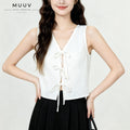 Sleeveless Tie Front Vest V Neck Cropped Top Jacquard Texture Casual Blouse Soft Breathable Fabric New Chinese Style Daily Outfit Summer Fashion Top For Ladies