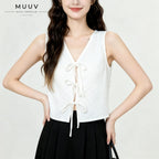Sleeveless Tie Front Vest V Neck Cropped Top Jacquard Texture Casual Blouse Soft Breathable Fabric New Chinese Style Daily Outfit Summer Fashion Top For Ladies