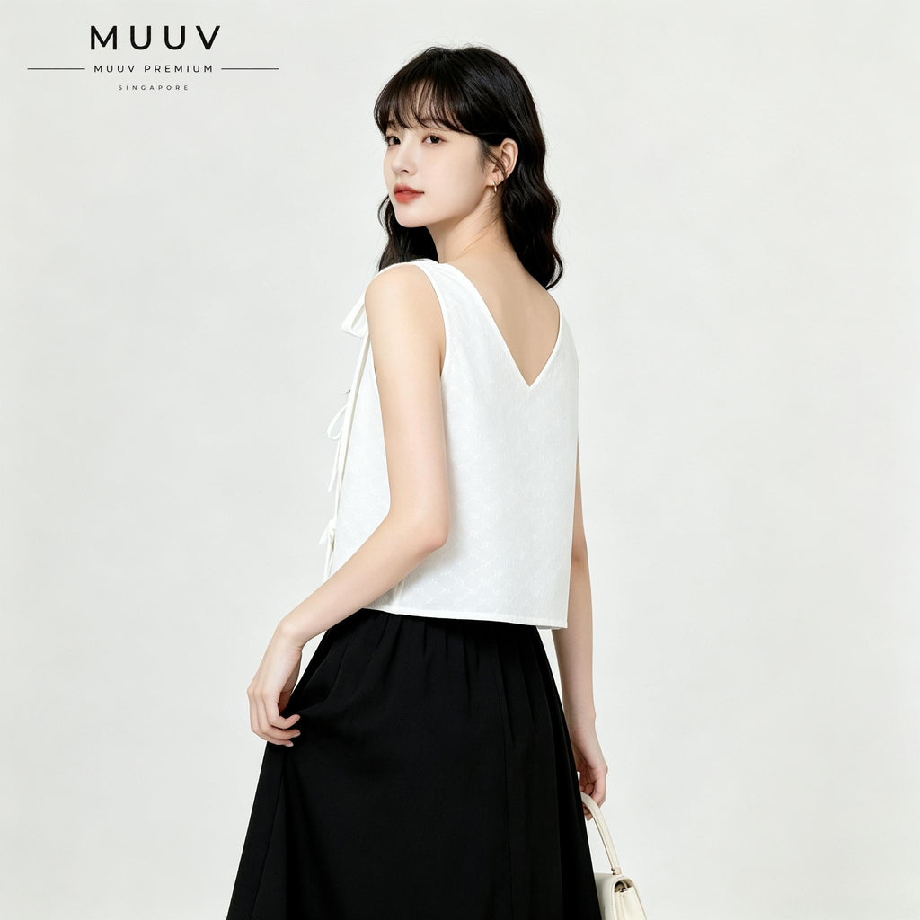 Sleeveless Tie Front Vest V Neck Cropped Top Jacquard Texture Casual Blouse Soft Breathable Fabric New Chinese Style Daily Outfit Summer Fashion Top For Ladies