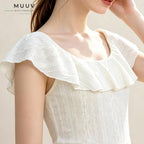 Women Eyelet Embroidery Ruffle Convertible Neck Knit Top