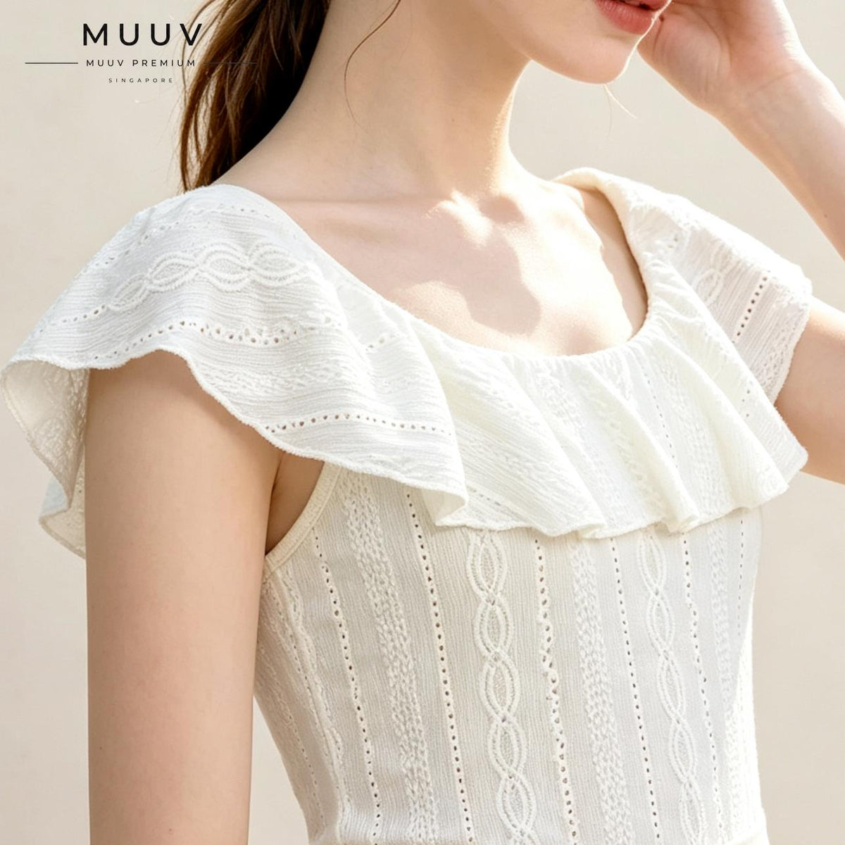 Women Eyelet Embroidery Ruffle Convertible Neck Knit Top