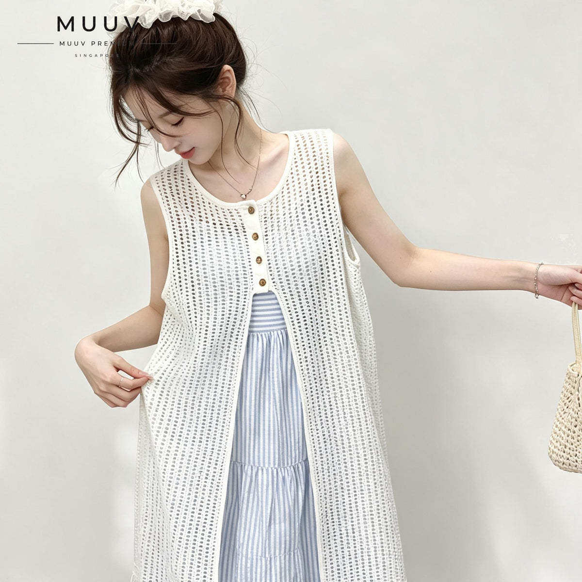 Two Piece Outfit White Hollow Tassel Sleeveless Striped Midi Dress Set