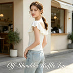 Women Eyelet Embroidery Ruffle Convertible Neck Knit Top