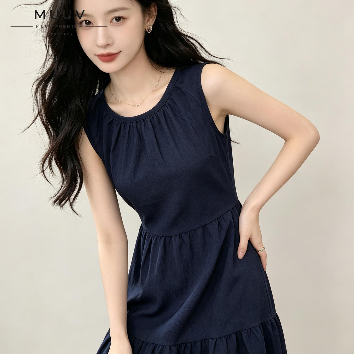 Sleeveless A Line Gathered Round Neck Back Keyhole Midi Dress