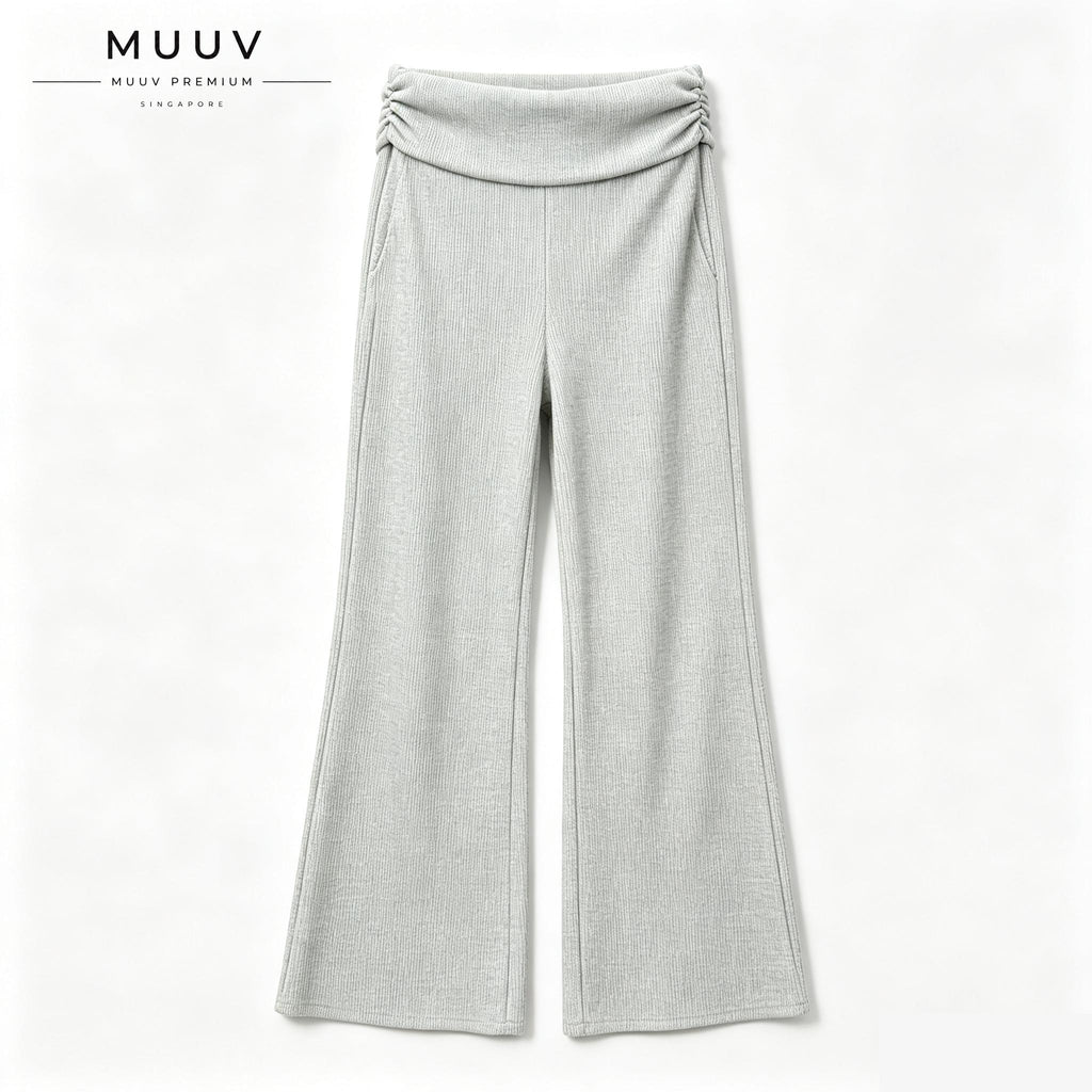 Ribbed Knit Fold Over Waist Flare Leg Pants