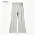 Ribbed Knit Fold Over Waist Flare Leg Pants