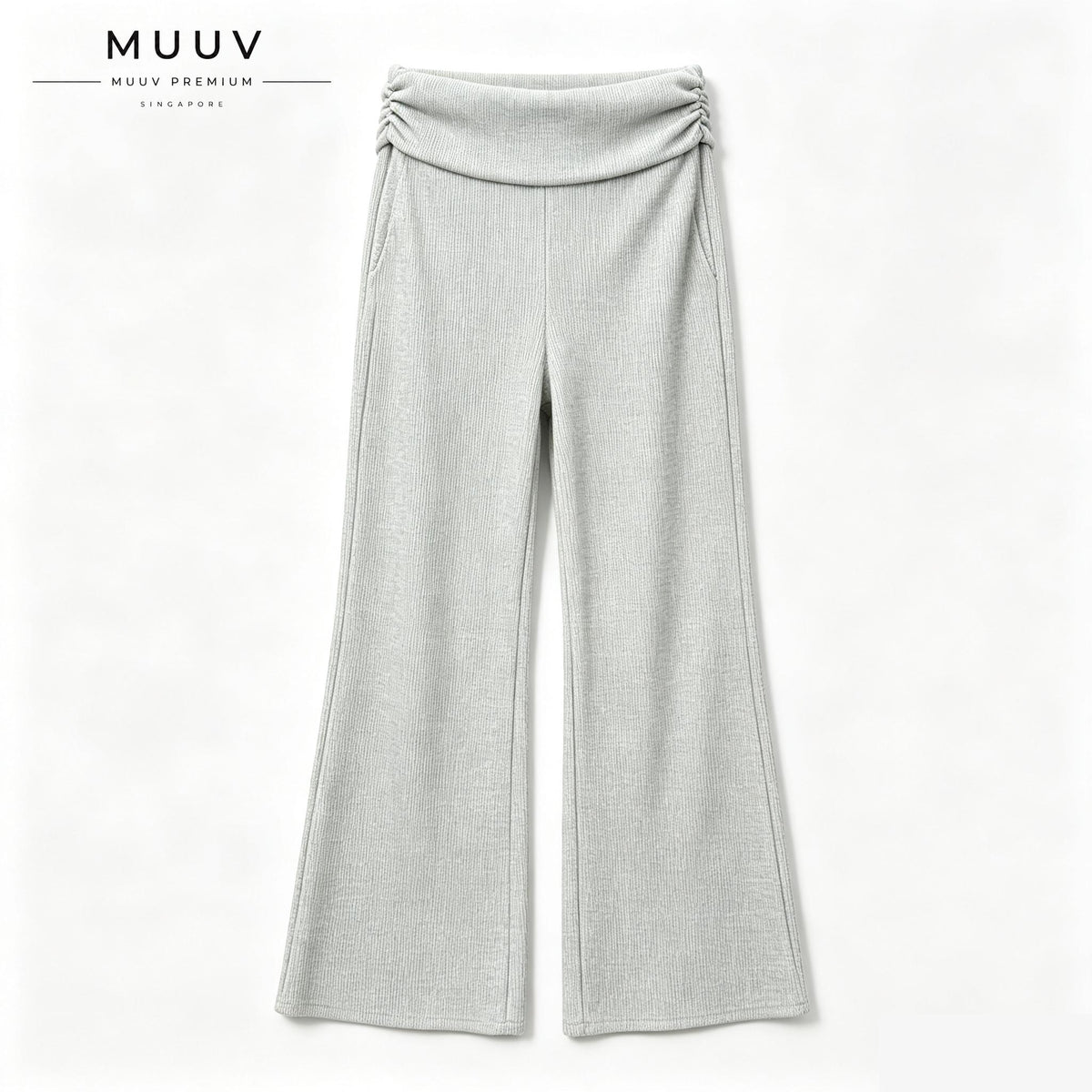 Ribbed Knit Fold Over Waist Flare Leg Pants