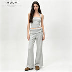Ribbed Knit Fold Over Waist Flare Leg Pants