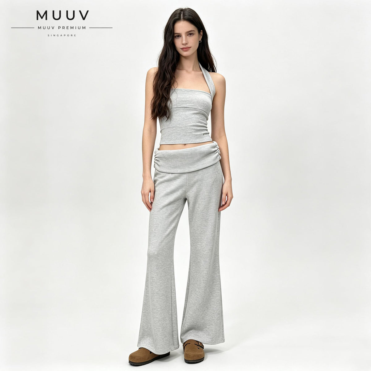 Ribbed Knit Fold Over Waist Flare Leg Pants