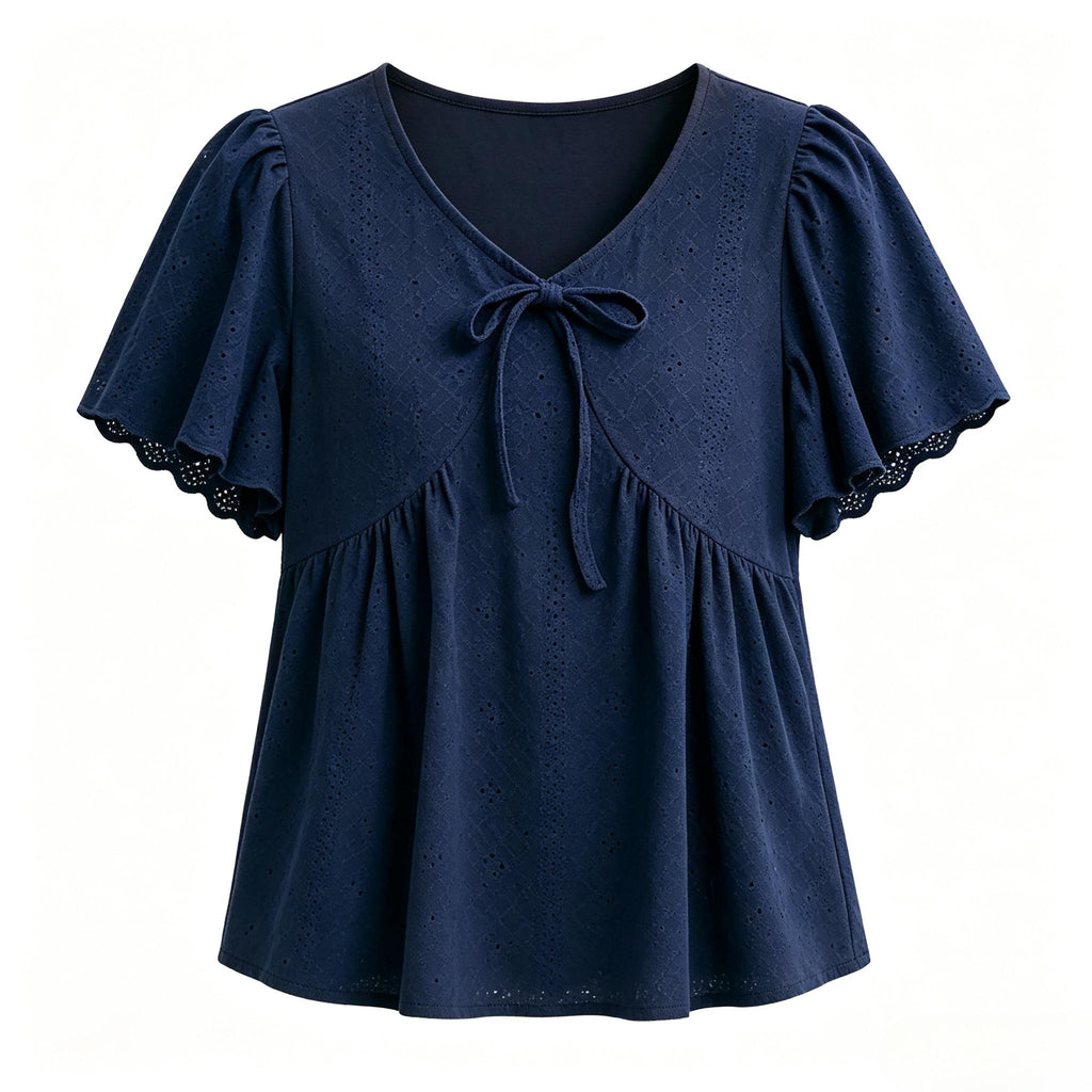 V Neck Navy Embroidery Top