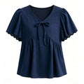 V Neck Navy Embroidery Top