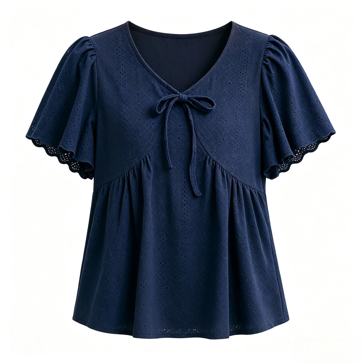 V Neck Navy Embroidery Top