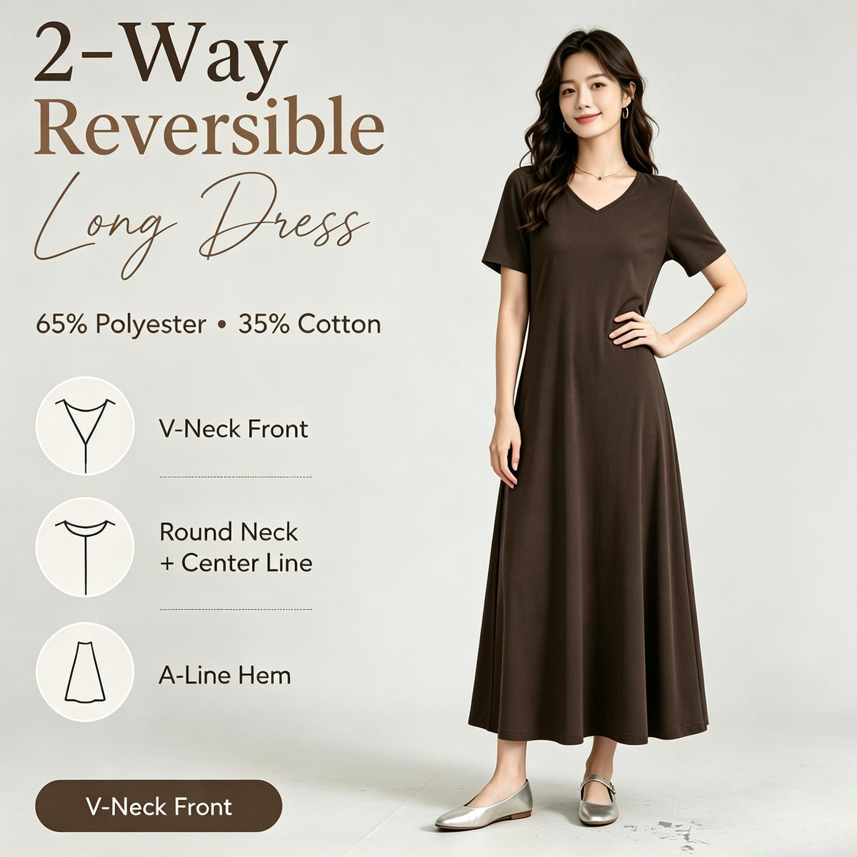Cotton Maxi Dress Dual Wear V Round Neck A Line Slit Dress With Pockets
