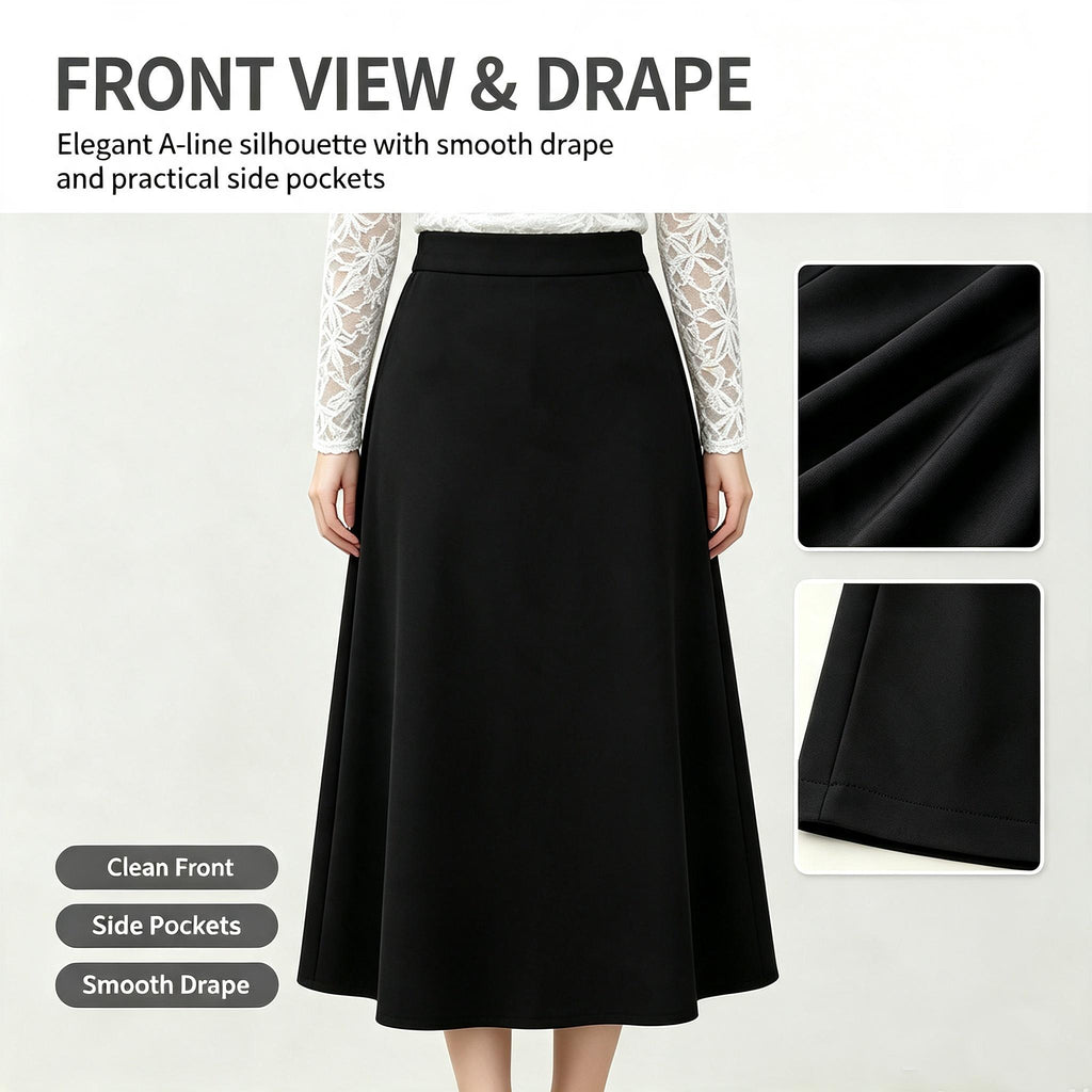 A-Line Solid Black Flared Midi Skirt with Functional Pockets