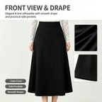 A-Line Solid Black Flared Midi Skirt with Functional Pockets
