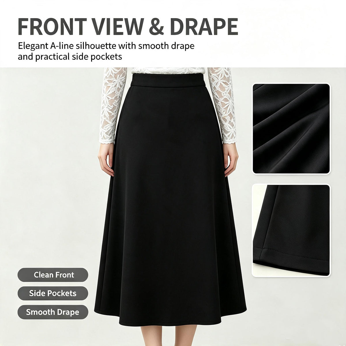 A-Line Solid Black Flared Midi Skirt with Functional Pockets