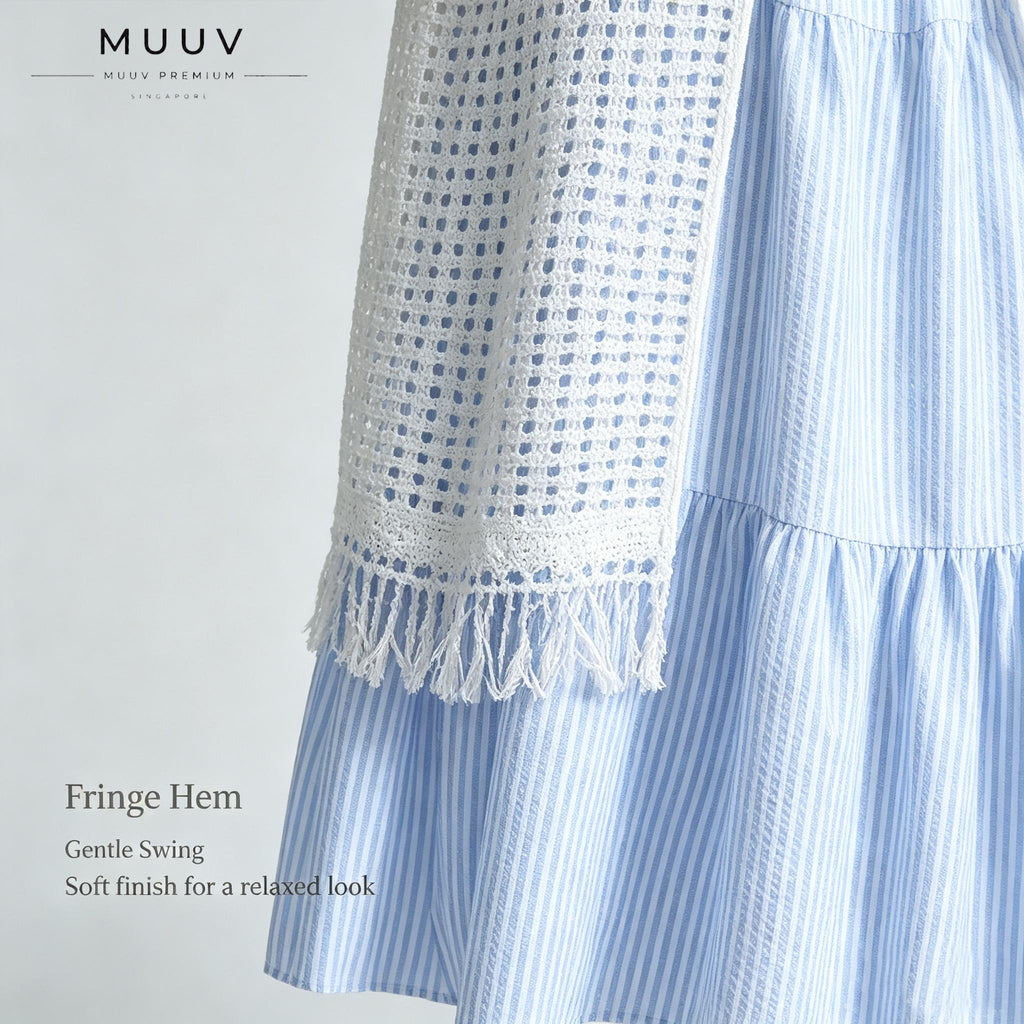 Two Piece Outfit White Hollow Tassel Sleeveless Striped Midi Dress Set