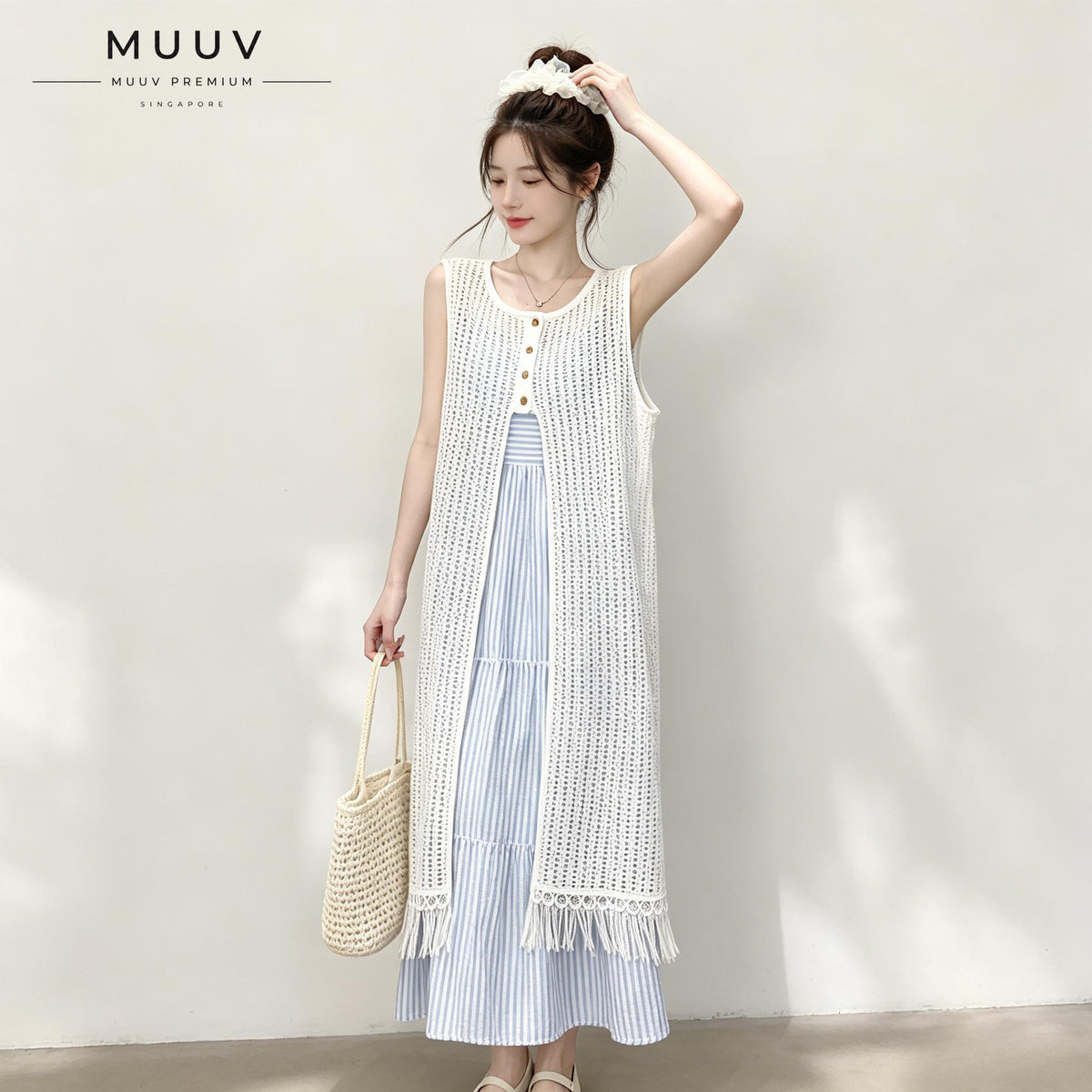 Two Piece Outfit White Hollow Tassel Sleeveless Striped Midi Dress Set
