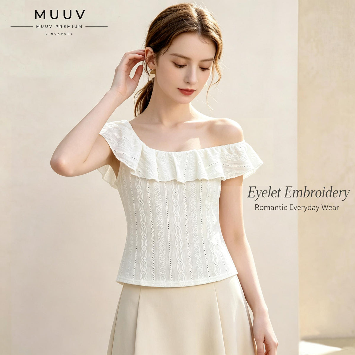 Women Eyelet Embroidery Ruffle Convertible Neck Knit Top