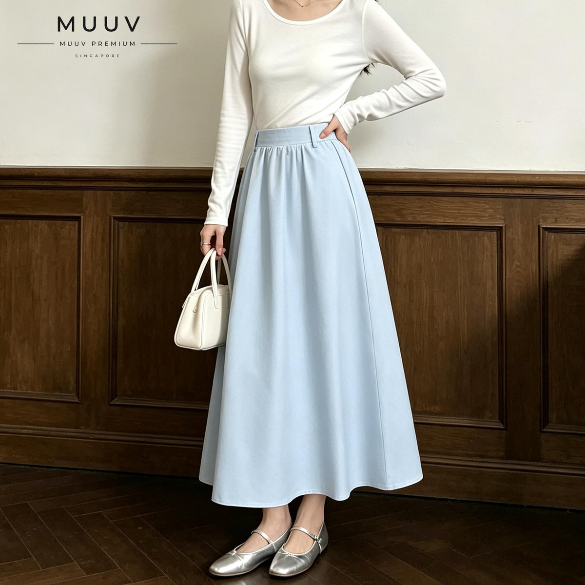A Line Midi Long Skirt with Side Pockets