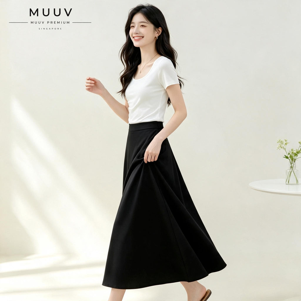 A-Line Solid Black Flared Midi Skirt with Functional Pockets