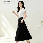 A-Line Solid Black Flared Midi Skirt with Functional Pockets