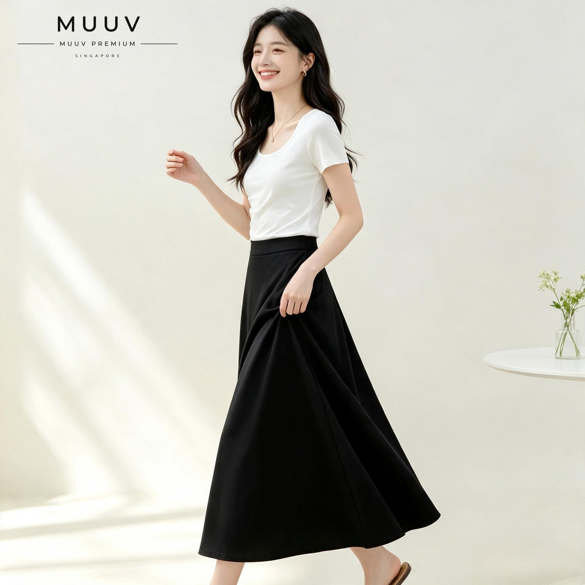 A-Line Solid Black Flared Midi Skirt with Functional Pockets
