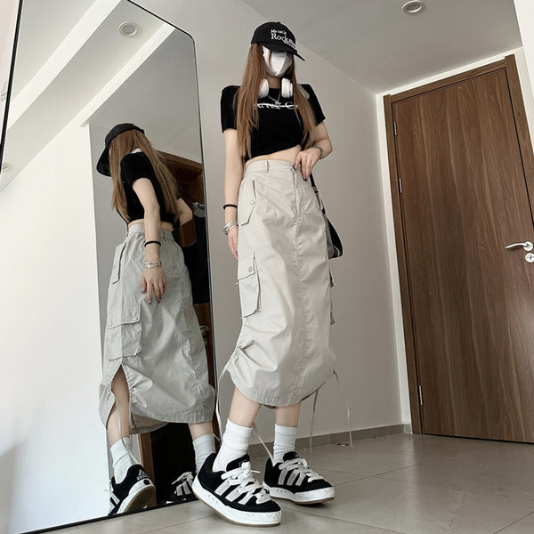 Muuv-It Drawstring Slit Midi Cargo Skirt
