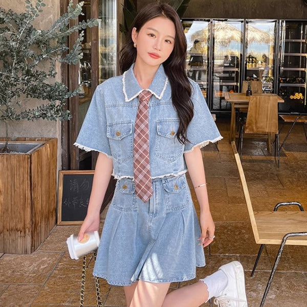 Muuv-It Raw Edge Denim Skirt Set