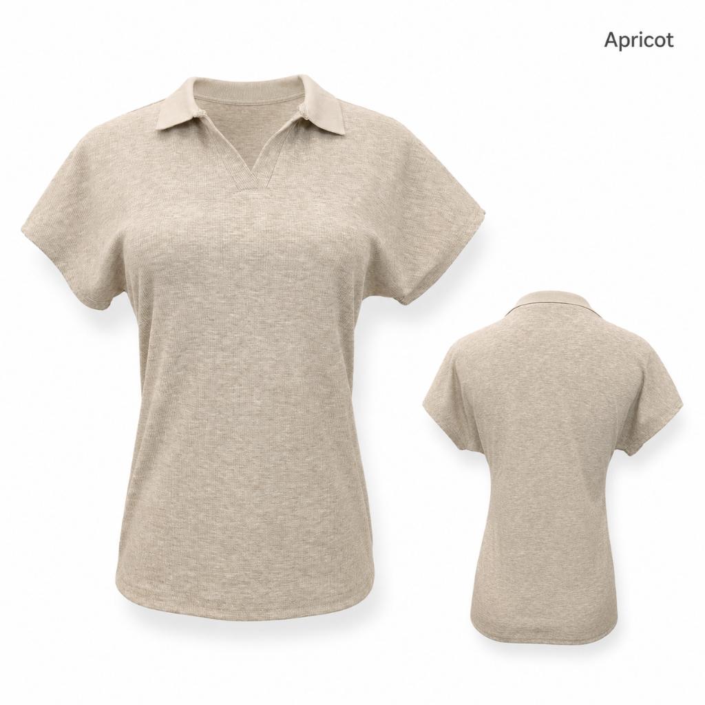 Knitted V Neck Polo Tee Korean Style Slim Short Sleeve Top