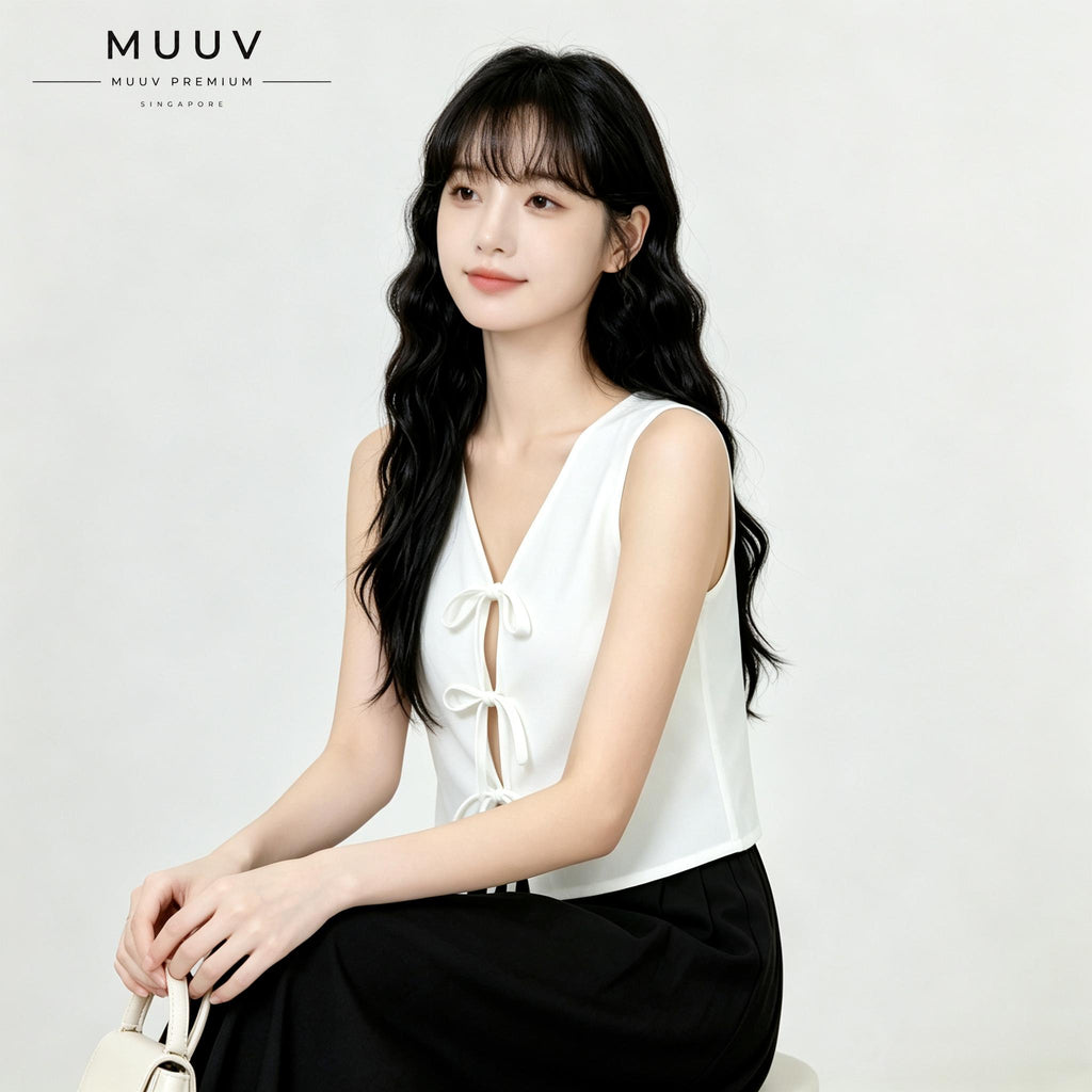 Sleeveless Tie Front Vest V Neck Cropped Top Jacquard Texture Casual Blouse Soft Breathable Fabric New Chinese Style Daily Outfit Summer Fashion Top For Ladies