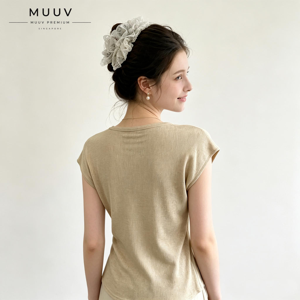 V Neck Knit Blouse Cap Sleeve Side Ruched Irregular Hem