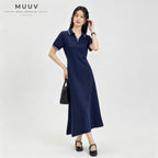 Women V neck Polo Collar Short Sleeved Maxi Dress