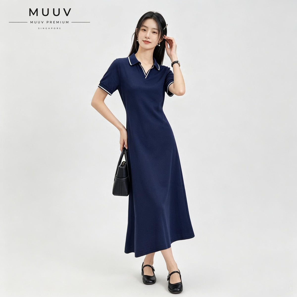 Women V neck Polo Collar Short Sleeved Maxi Dress