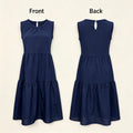 Sleeveless A Line Gathered Round Neck Back Keyhole Midi Dress