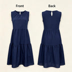 Sleeveless A Line Gathered Round Neck Back Keyhole Midi Dress