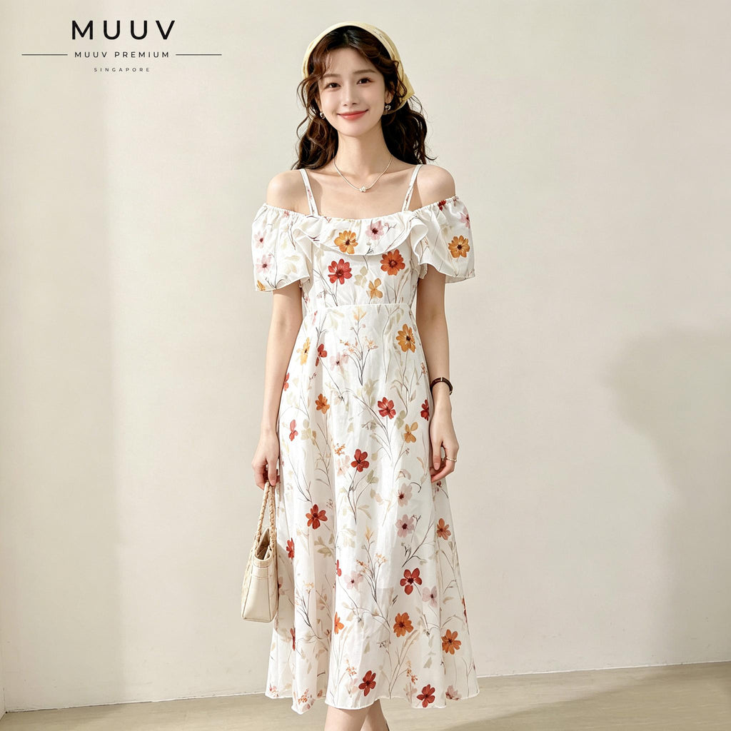 Off Shoulder Spaghetti Strap Floral Midi Dress Ruffle Short Sleeve Flowy A Line Swing Dress Lightweight Chiffon Fabric Summer Vacation Beach Casual Daily Party Weekend Outfit
