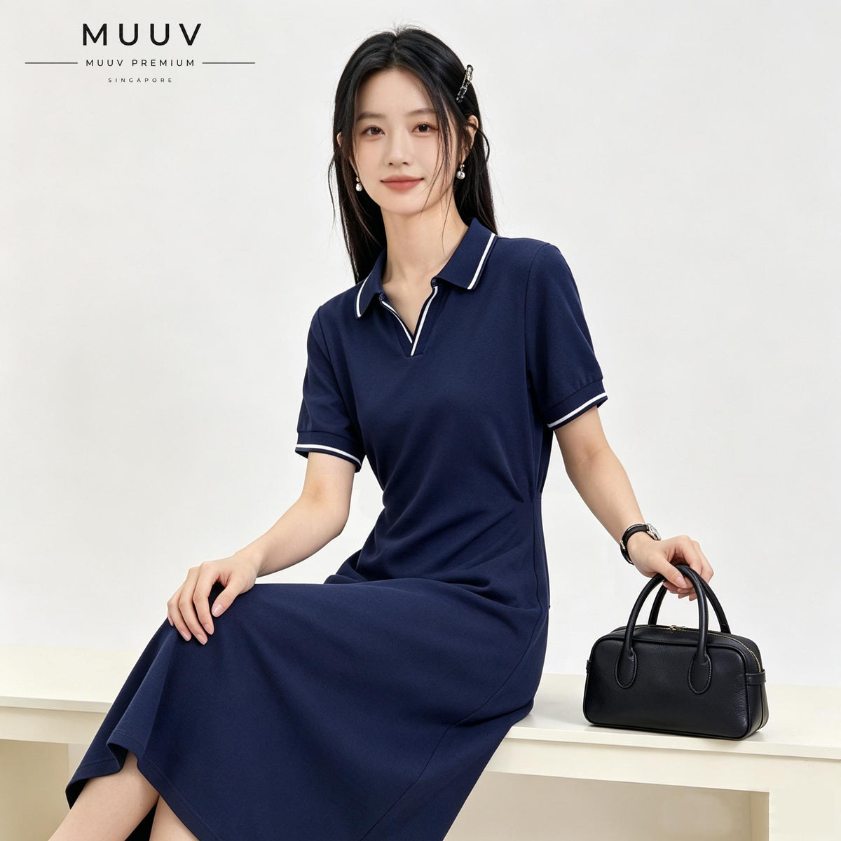 Women V neck Polo Collar Short Sleeved Maxi Dress
