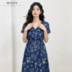 Navy Blue Short Sleeve V Neck Floral Midi Dress