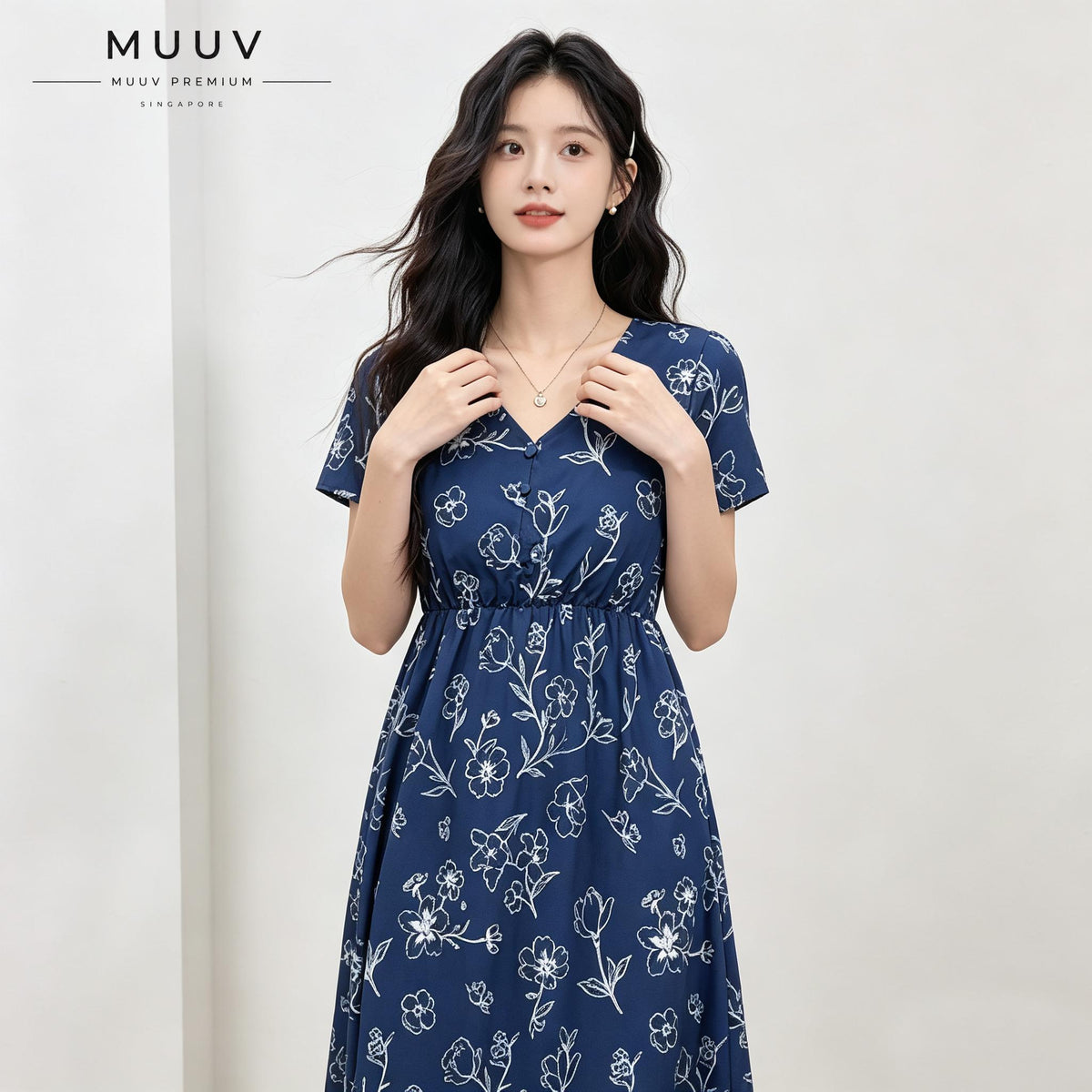 Navy Blue Short Sleeve V Neck Floral Midi Dress