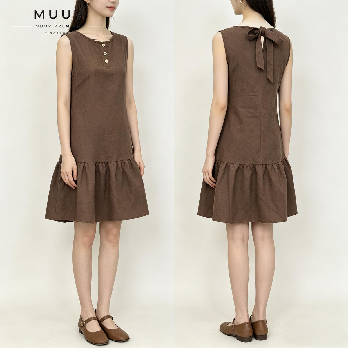 Brown Sleeveless Ruffle Hem Mini A Line Dress