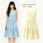 Women Square Neck Sleeveless Plain Midi Dress Tiered Ruffle Hem With Side Pockets