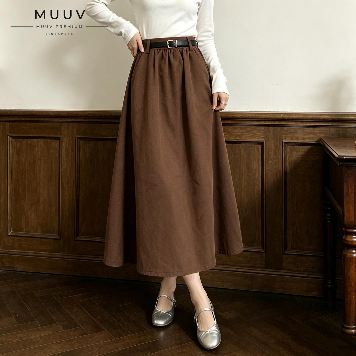 A Line Midi Long Skirt with Side Pockets