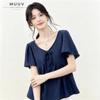 V Neck Navy Embroidery Top