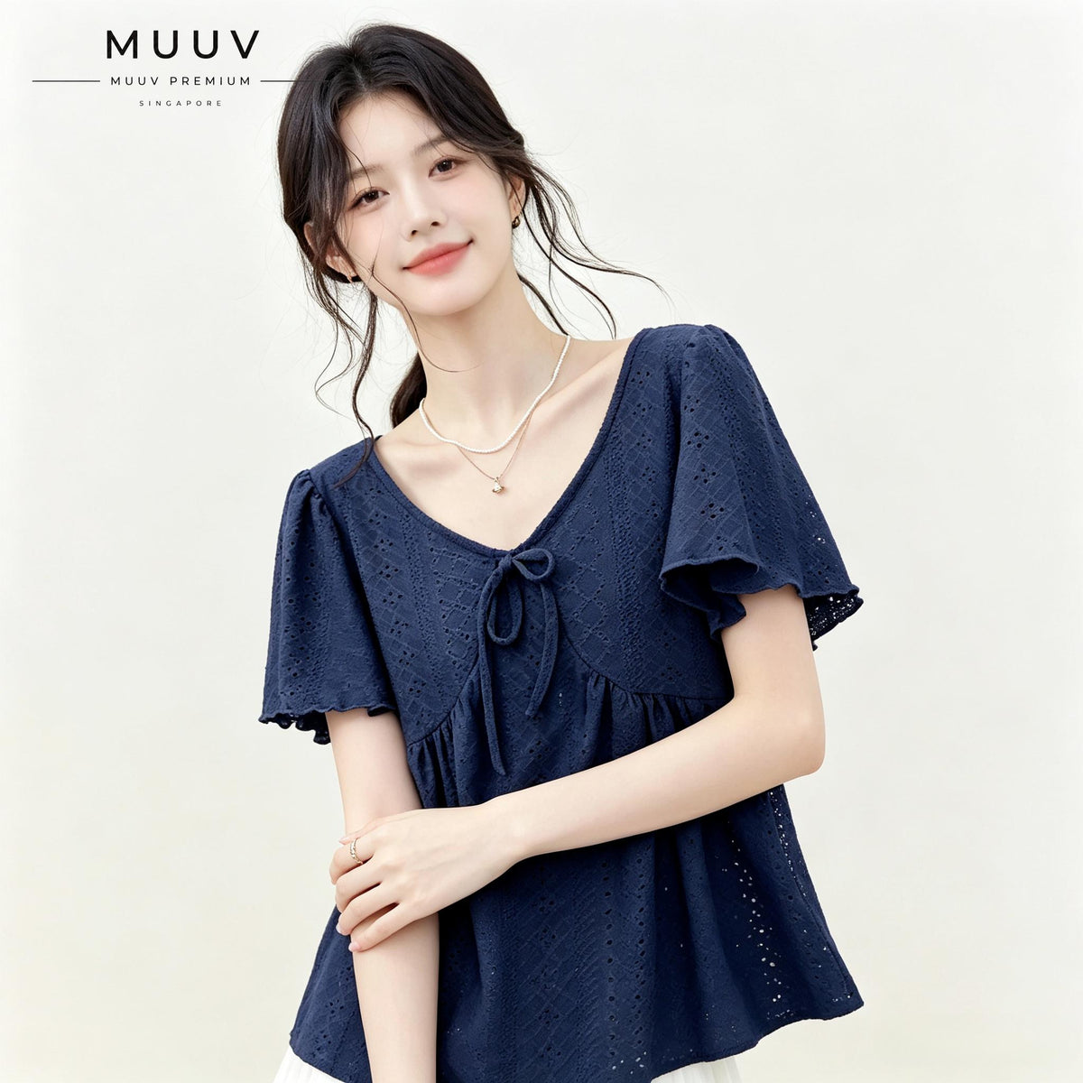 V Neck Navy Embroidery Top